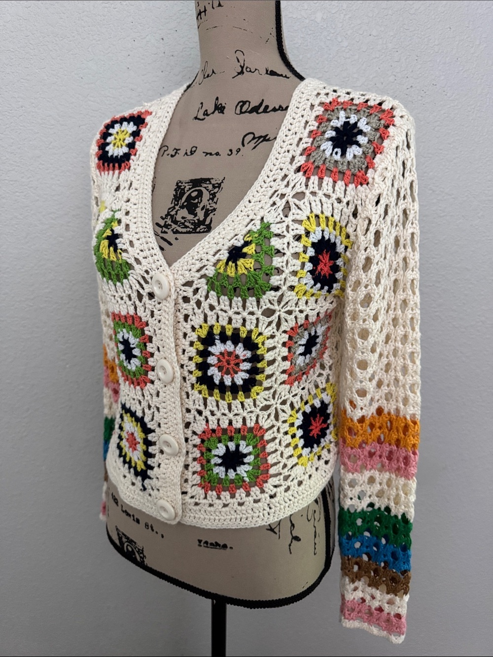 Crochet Patchwork Knit Cardigan Sweater Lightweight Boho Size Medium - Picture 6 of 9